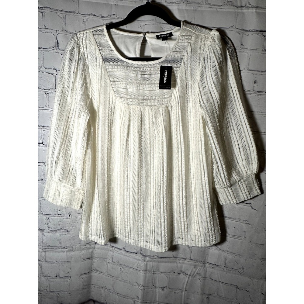 Express Womens White Lace Square Neck 3/4 Puff Sleeve Blouse Top XS New